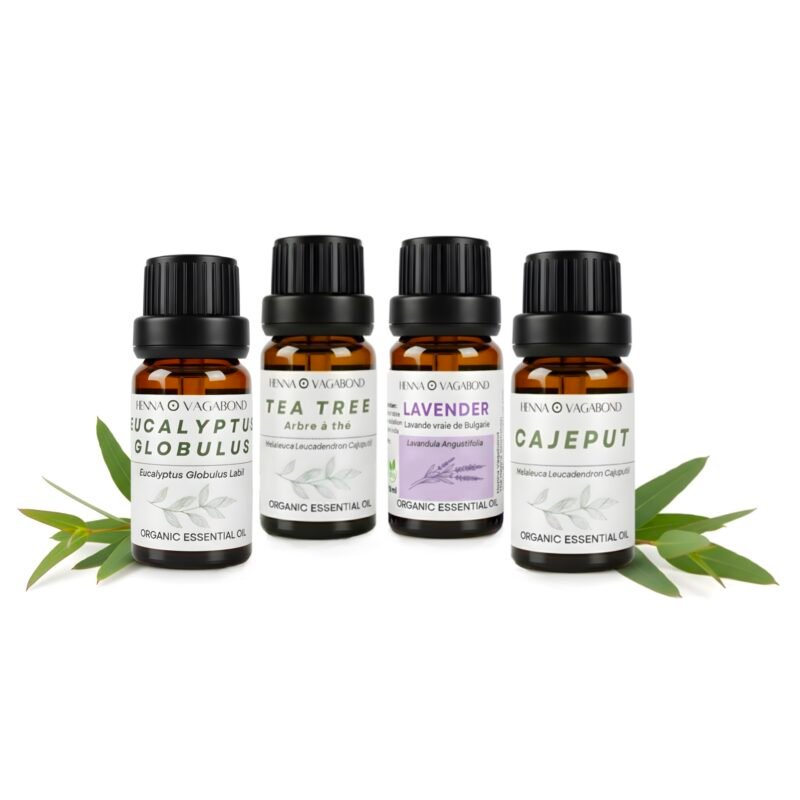 Coffret de 4 huiles essentielles pour henné – Eucalyptus, Lavande, Tea Tree et Cajeput – The Henna Workshop