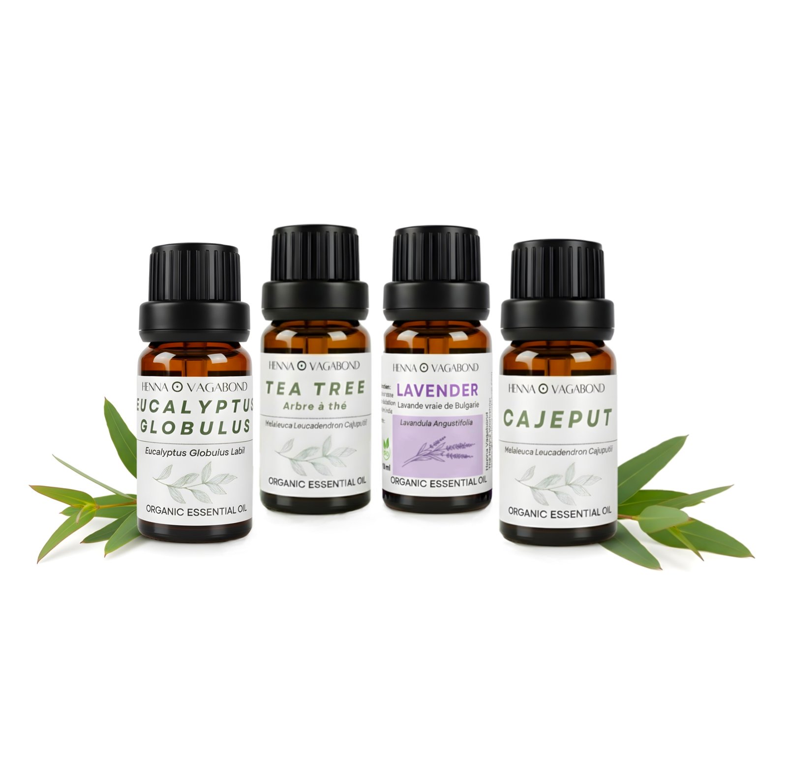 Coffret de 4 huiles essentielles pour henné – Eucalyptus, Lavande, Tea Tree et Cajeput – The Henna Workshop